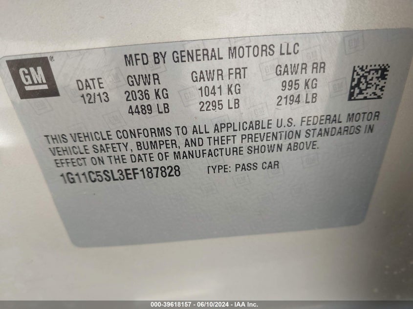 2014 Chevrolet Malibu 1Lt VIN: 1G11C5SL3EF187828 Lot: 39618157