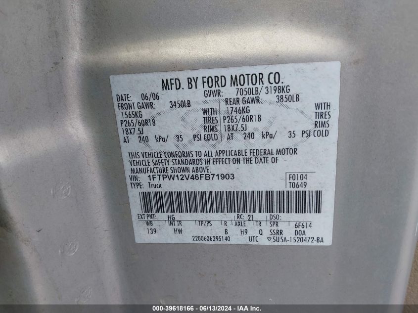 2006 Ford F-150 Lariat/Xlt VIN: 1FTPW12V46FB71903 Lot: 39618166