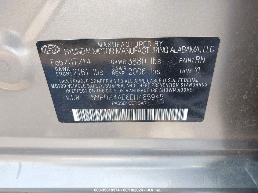 2014 Hyundai Elantra Se VIN: 5NPDH4AE6EH485945 Lot: 39618174