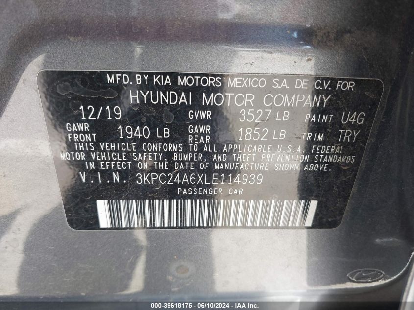 2020 Hyundai Accent Se VIN: 3KPC24A6XLE114939 Lot: 39618175