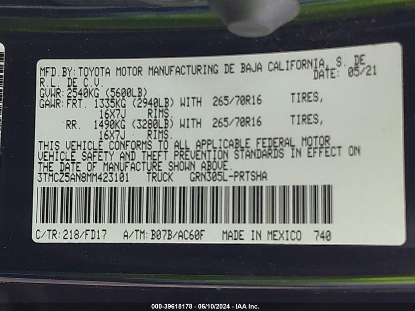 3TMCZ5AN8MM423101 | 2021 TOYOTA TACOMA