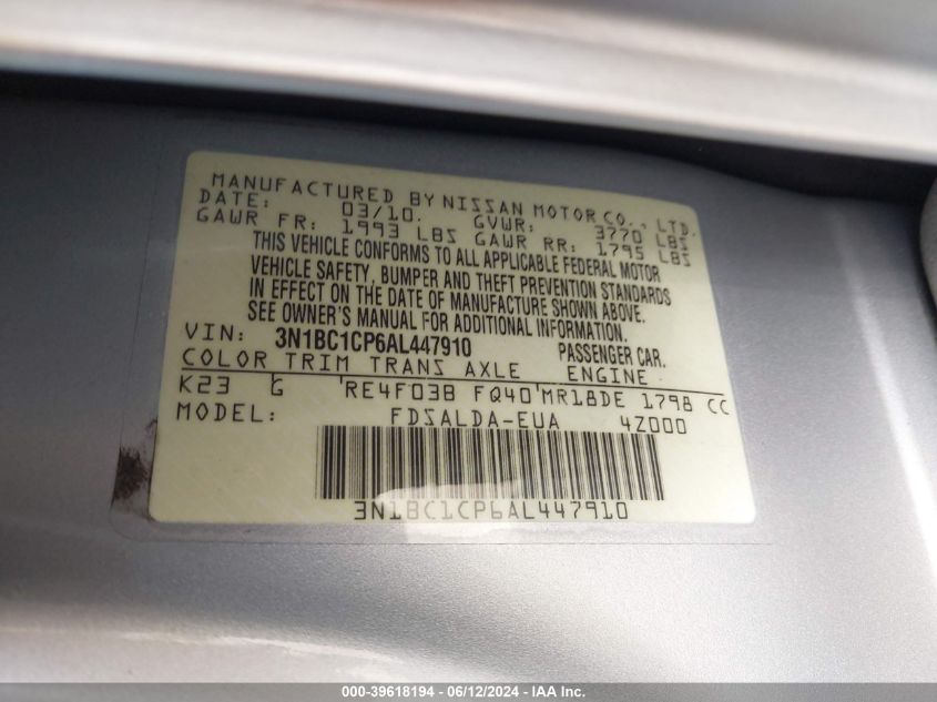 2010 Nissan Versa 1.8S VIN: 3N1BC1CP6AL447910 Lot: 39618194