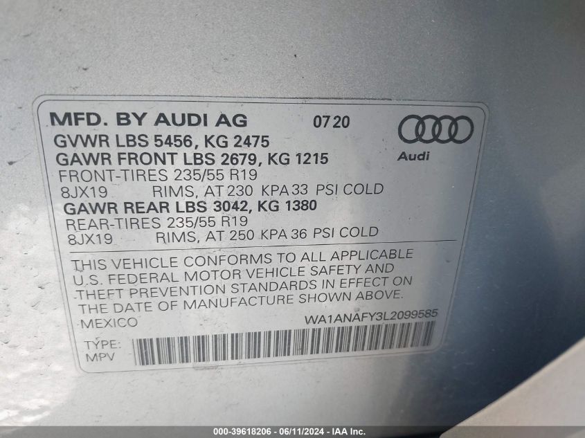 2020 Audi Q5 Premium 45 Tfsi Quattro S Tronic VIN: WA1ANAFY3L2099585 Lot: 39618206