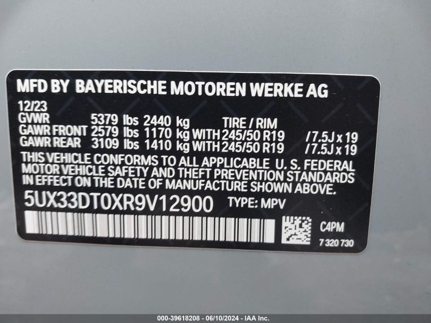 2024 BMW X4 xDrive30I VIN: 5UX33DT0XR9V12900 Lot: 39618208