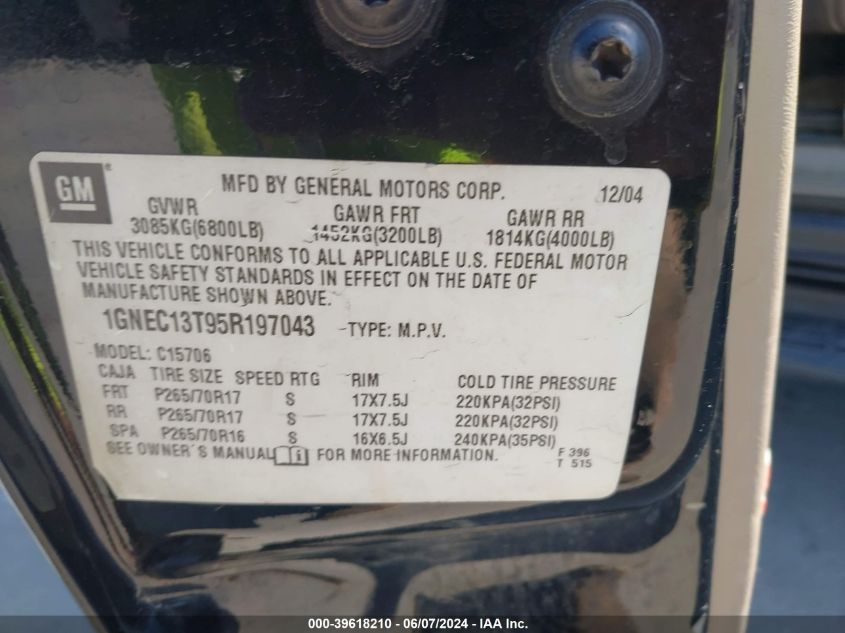 2005 Chevrolet Tahoe Lt VIN: 1GNEC13T95R197043 Lot: 39618210