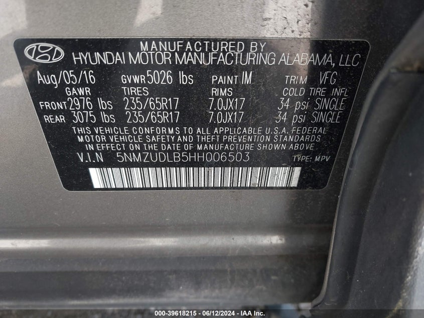 VIN 5NMZUDLB5HH006503 2017 HYUNDAI SANTA FE SPORT 2.4L