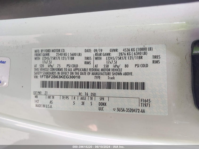2019 Ford F-250 Xl VIN: 1FTBF2B63KEG30010 Lot: 39618220