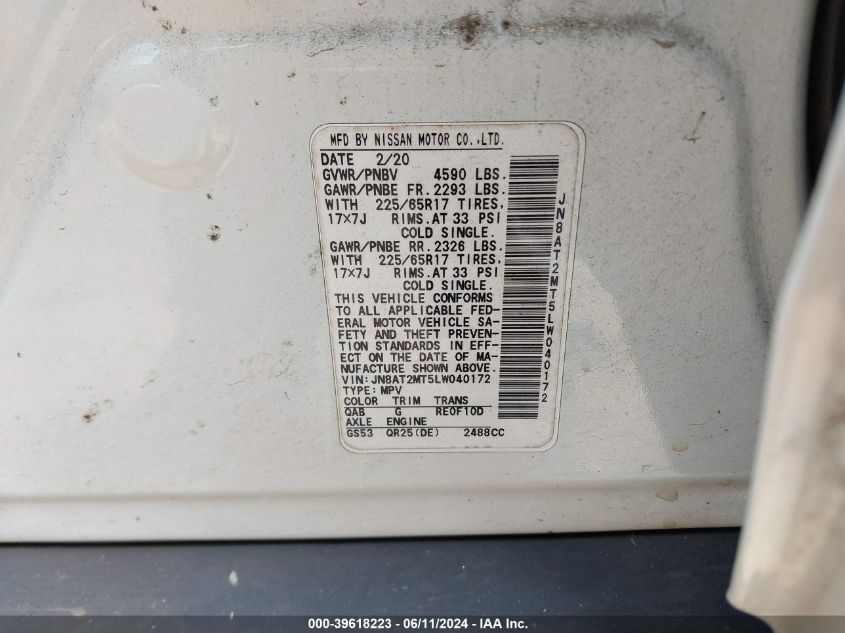 2020 NISSAN ROGUE S/SV - JN8AT2MT5LW040172