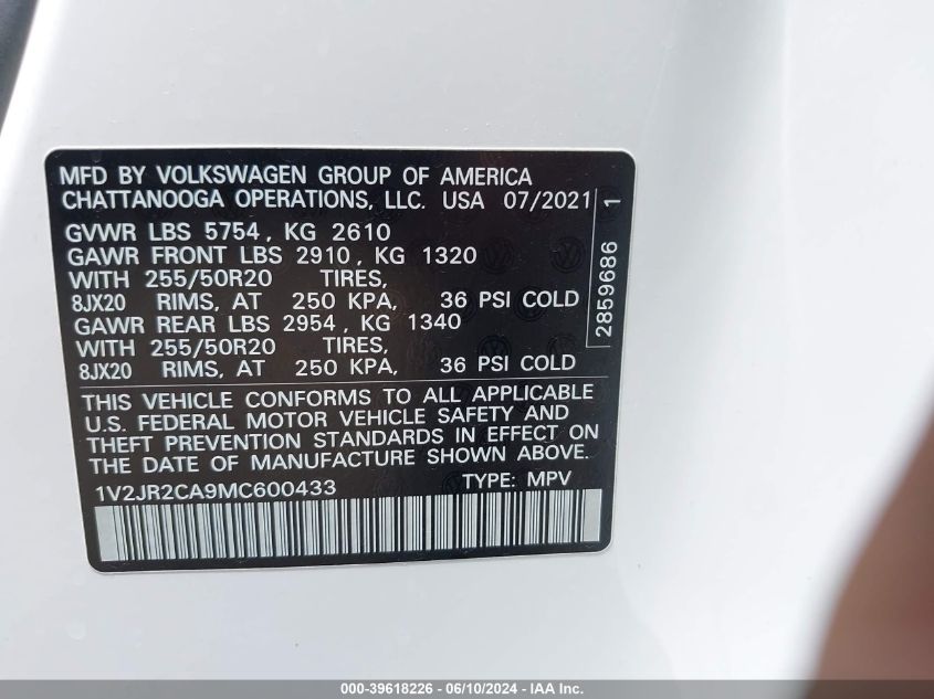 1V2JR2CA9MC600433 2021 Volkswagen Atlas 3.6L V6 Se W/Technology