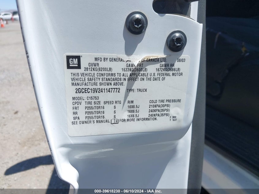 2004 Chevrolet Silverado 1500 Work Truck VIN: 2GCEC19V241147772 Lot: 39618230