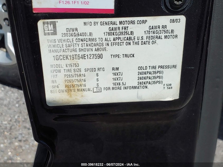 2004 Chevrolet Silverado 1500 Z71 VIN: 1GCEK19T64E127590 Lot: 39618232