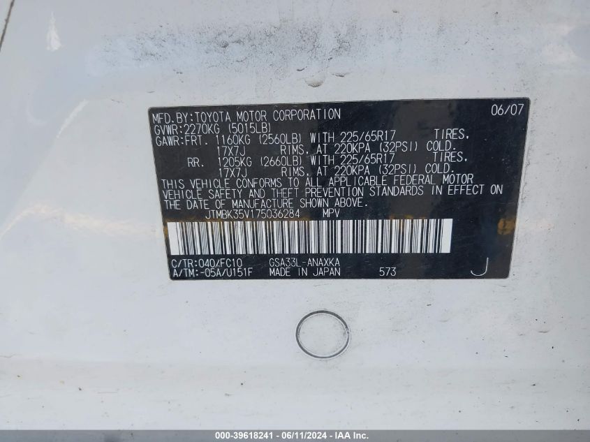 2007 Toyota Rav4 Base V6 VIN: JTMBK35V175036284 Lot: 39618241