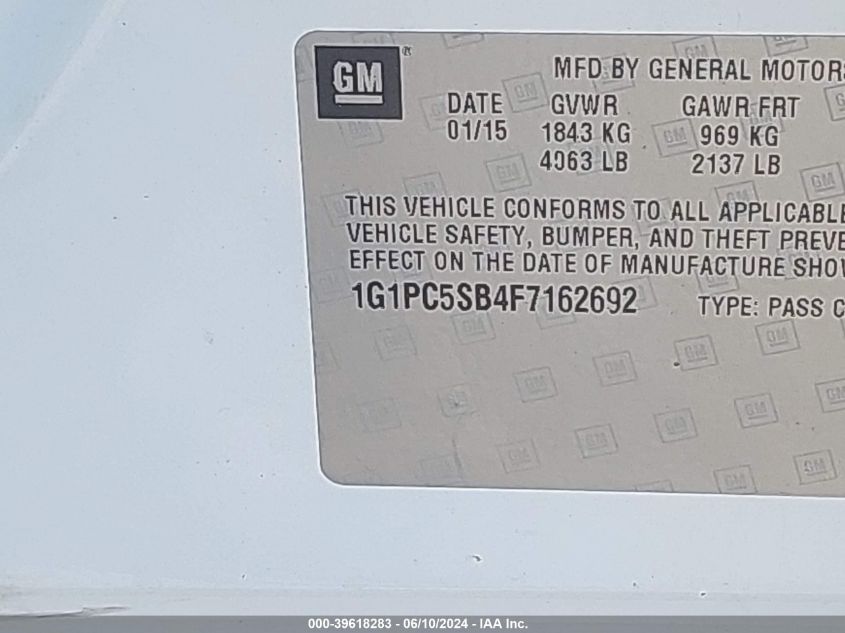 2015 Chevrolet Cruze 1Lt Auto VIN: 1G1PC5SB4F7162692 Lot: 39618283