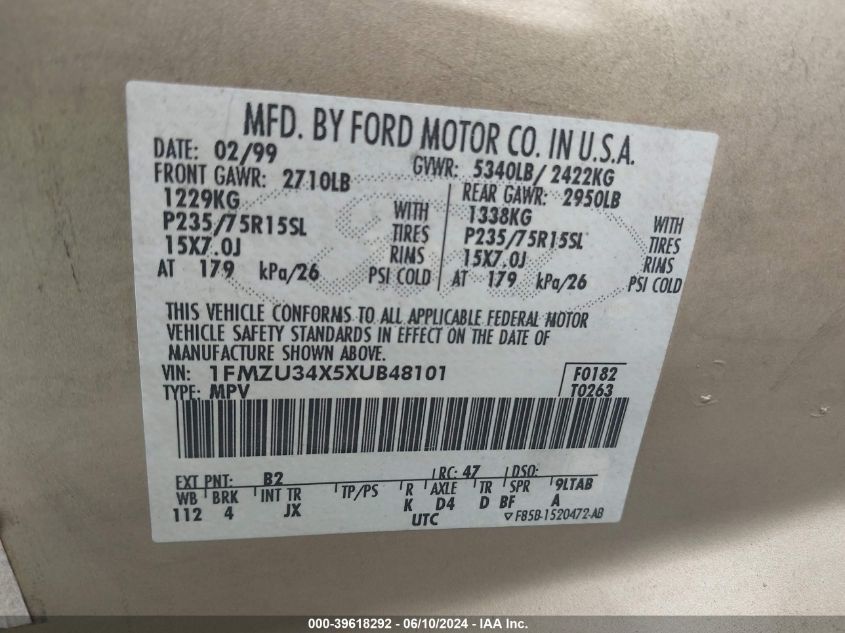 1999 Ford Explorer Xl/Xlt VIN: 1FMZU34X5XUB48101 Lot: 39618292