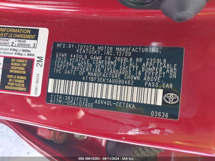 2010 Toyota Camry Se VIN: 4T1BF3EK1AU090462 Lot: 39618293