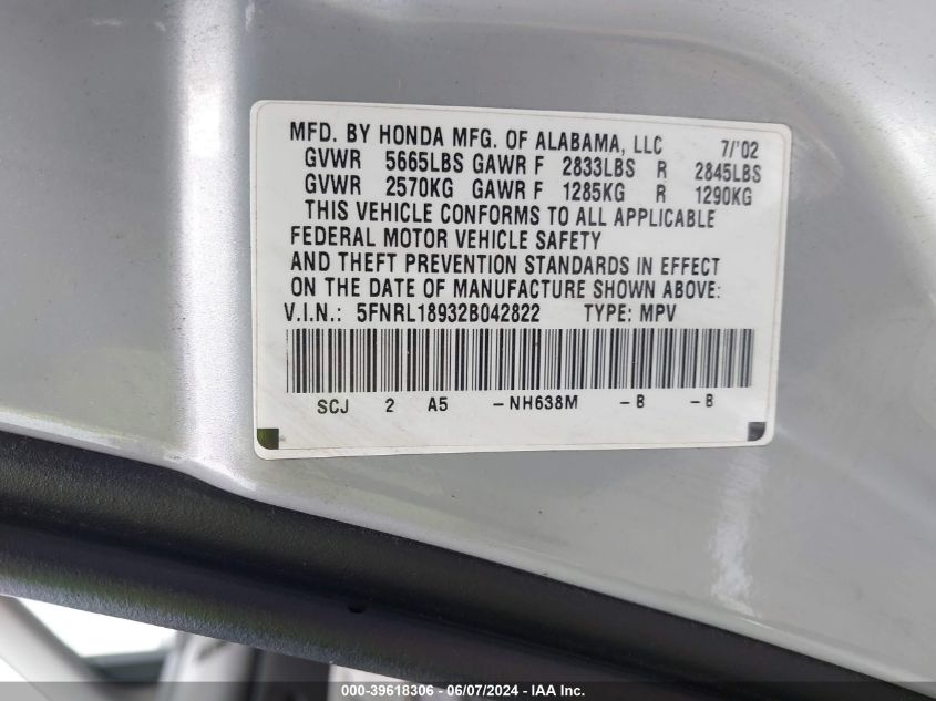 2002 Honda Odyssey Ex-L VIN: 5FNRL18932B042822 Lot: 39618306