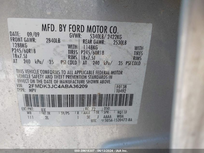 2010 Ford Edge Sel VIN: 2FMDK3JC4ABA36209 Lot: 39618307