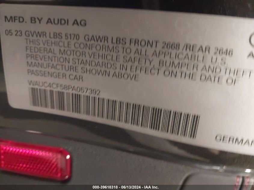 2023 Audi S5 Sportback Premium Plus Tfsi Quattro Tiptronic VIN: WAUC4CF58PA057392 Lot: 39618318