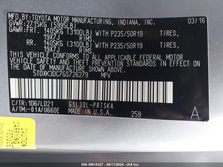 2016 Toyota Sienna Se 8 Passenger VIN: 5TDXK3DC7GS726279 Lot: 39618327