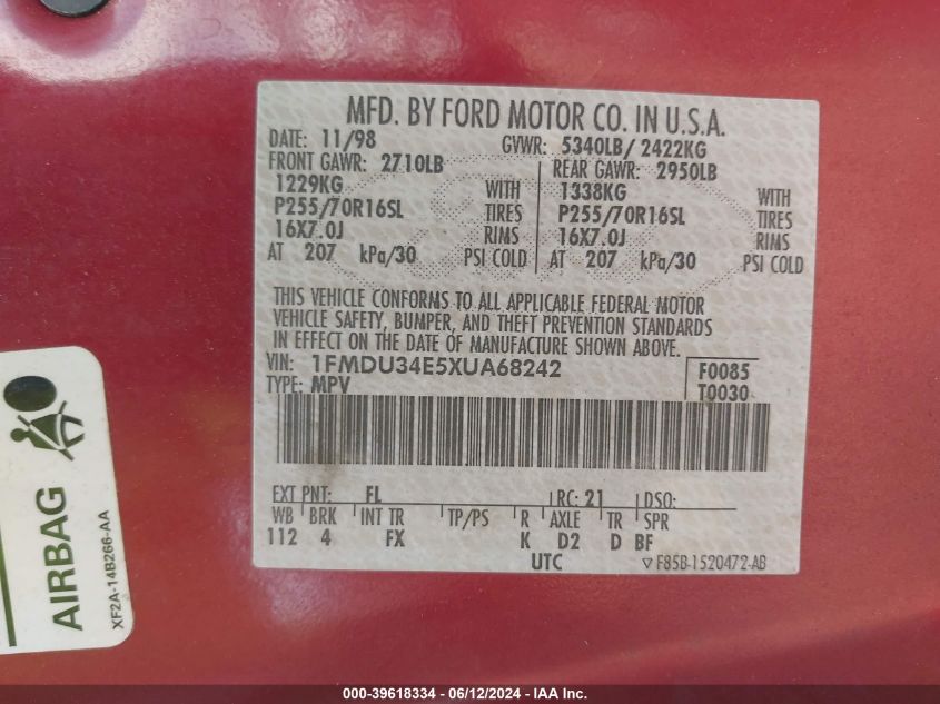 1999 Ford Explorer Eddie Bauer/Limited/Xlt VIN: 1FMDU34E5XUA68242 Lot: 39618334