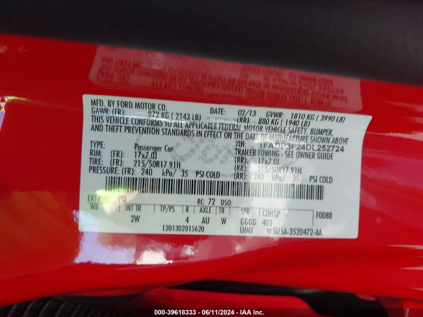 2013 FORD FOCUS SE - 1FADP3F24DL252724