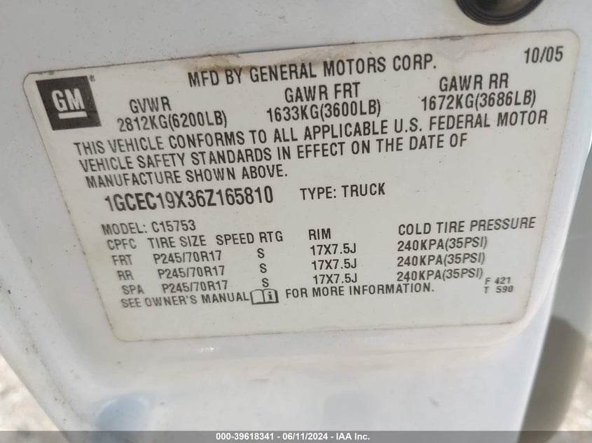 2006 Chevrolet Silverado 1500 Work Truck VIN: 1GCEC19X36Z165810 Lot: 39618341