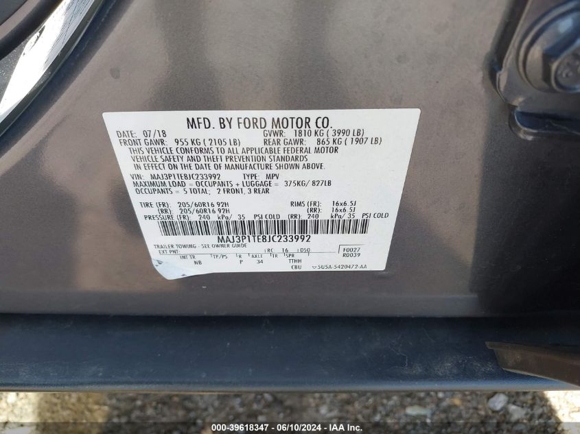 2018 Ford Ecosport Se VIN: MAJ3P1TE8JC233992 Lot: 39618347