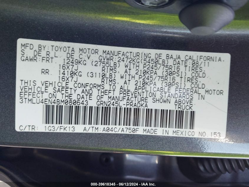 2011 Toyota Tacoma Base V6 VIN: 3TMLU4EN4BM080643 Lot: 39618345