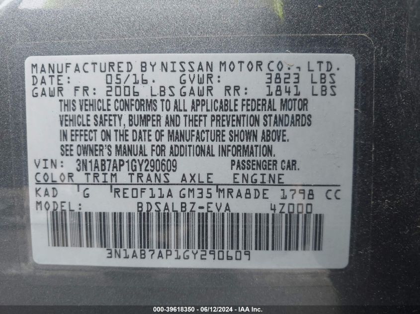 2016 Nissan Sentra Fe+ S/S/Sl/Sr/Sv VIN: 3N1AB7AP1GY290609 Lot: 39618350