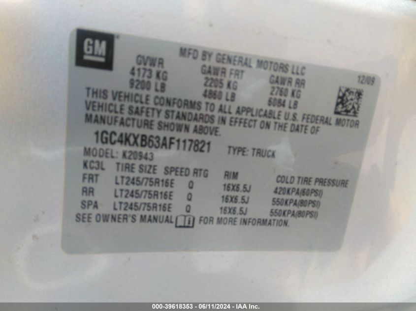2010 Chevrolet Silverado 2500Hd Lt VIN: 1GC4KXB63AF117821 Lot: 39618353