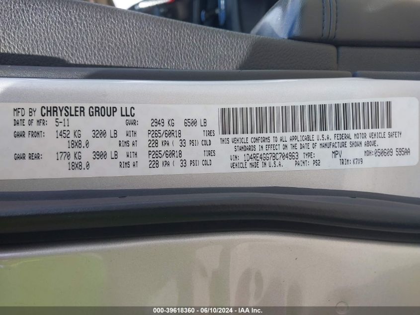 2011 Dodge Durango Crew VIN: 1D4RE4GG7BC704963 Lot: 39618360