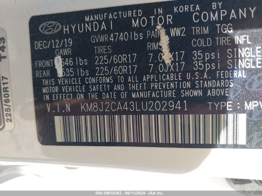 2020 Hyundai Tucson Se VIN: KM8J2CA43LU202941 Lot: 39618362