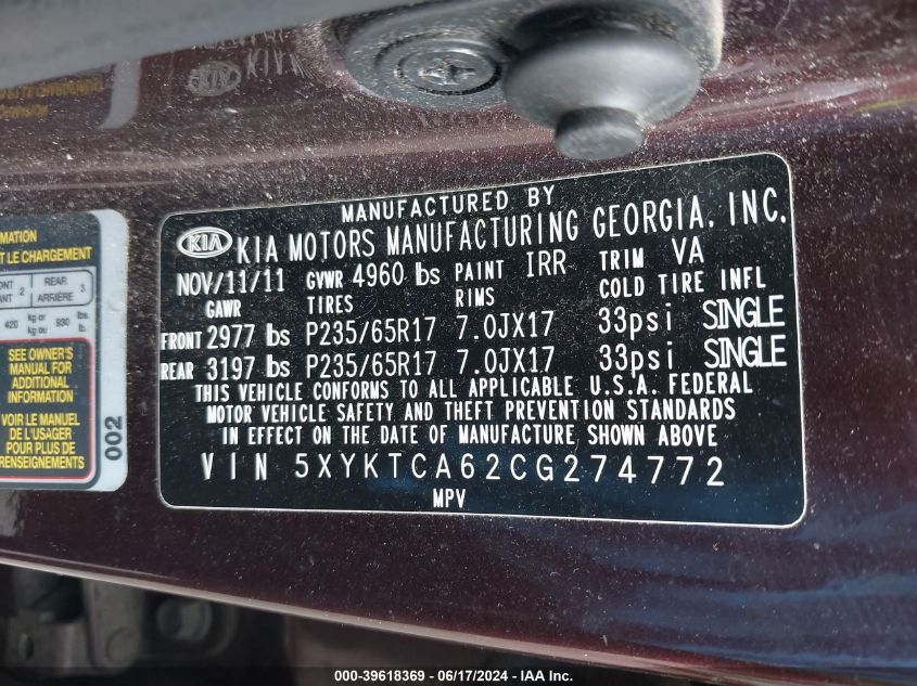 2012 Kia Sorento Lx VIN: 5XYKTCA62CG274772 Lot: 39618369