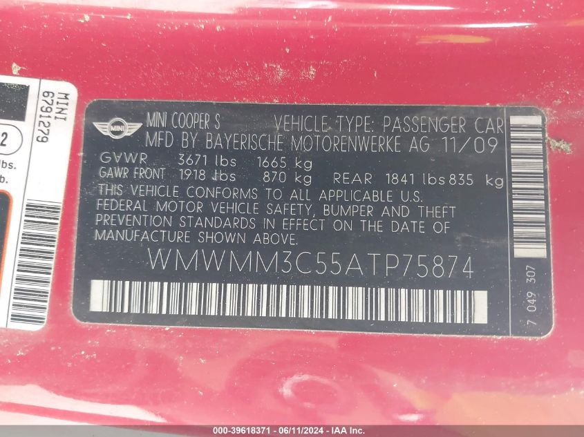 2010 Mini Cooper S Clubman VIN: WMWMM3C55ATP75874 Lot: 39618371