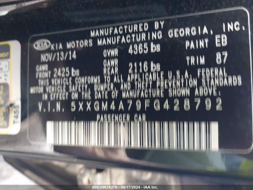 2015 Kia Optima Lx VIN: 5XXGM4A79FG428792 Lot: 39618376