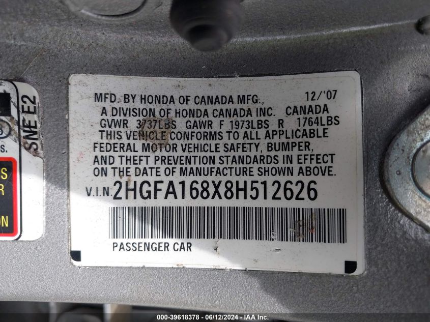 2008 Honda Civic Ex VIN: 2HGFA168X8H512626 Lot: 39618378