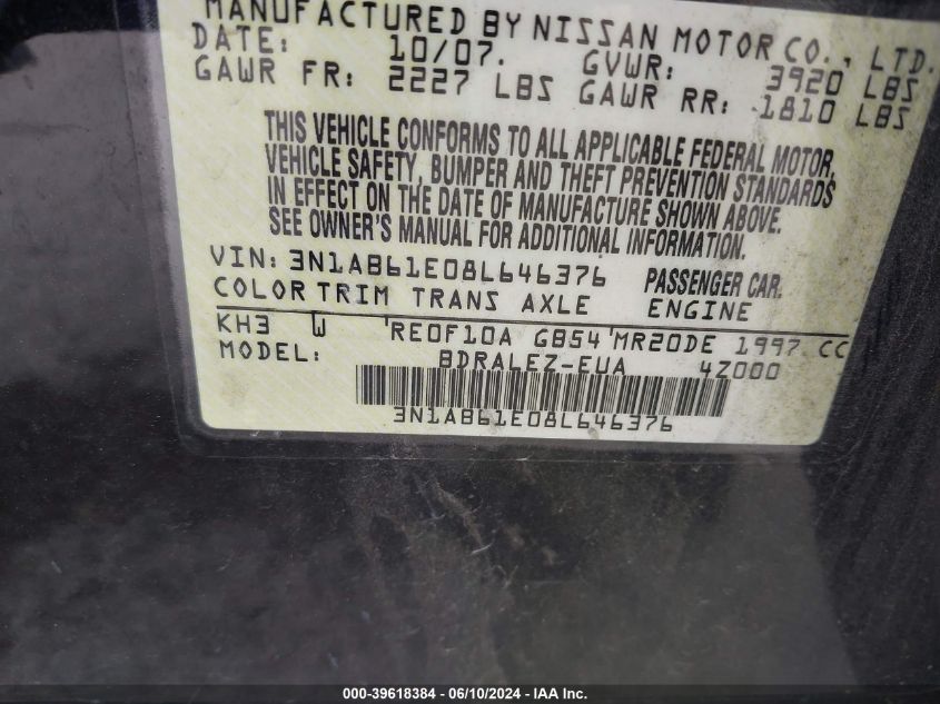 2008 Nissan Sentra 2.0S VIN: 3N1AB61E08L646376 Lot: 39618384