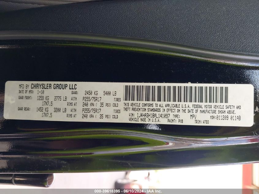 2010 Jeep Wrangler Unlimited Sport VIN: 1J4HA3H18AL141097 Lot: 39618395