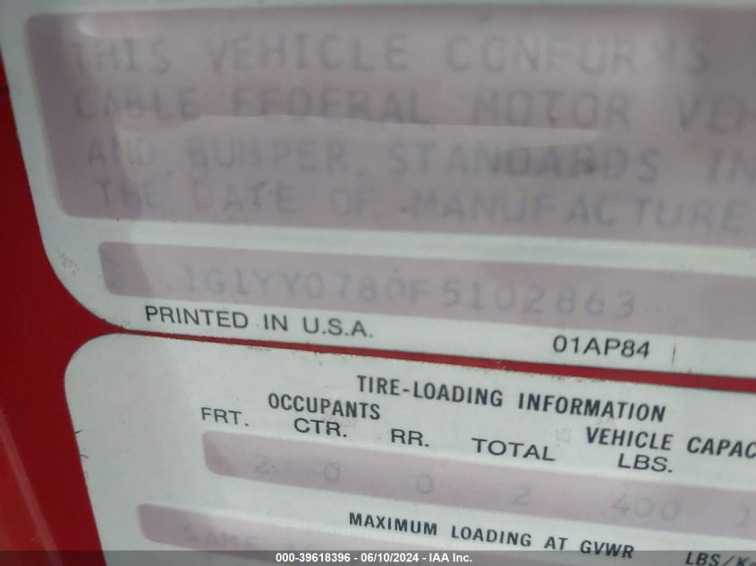 1985 Chevrolet Corvette VIN: 1G1YY0780F5102863 Lot: 39618396