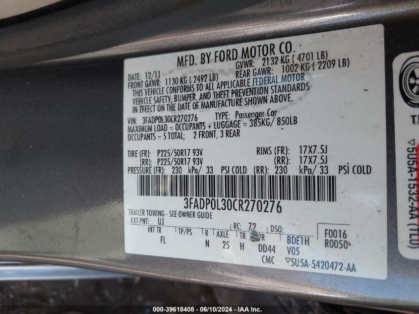 2012 Ford Fusion Hybrid VIN: 3FADP0L30CR270276 Lot: 39618408