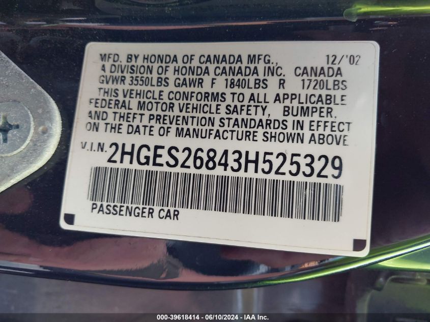 2003 Honda Civic Ex VIN: 2HGES26843H525329 Lot: 39618414