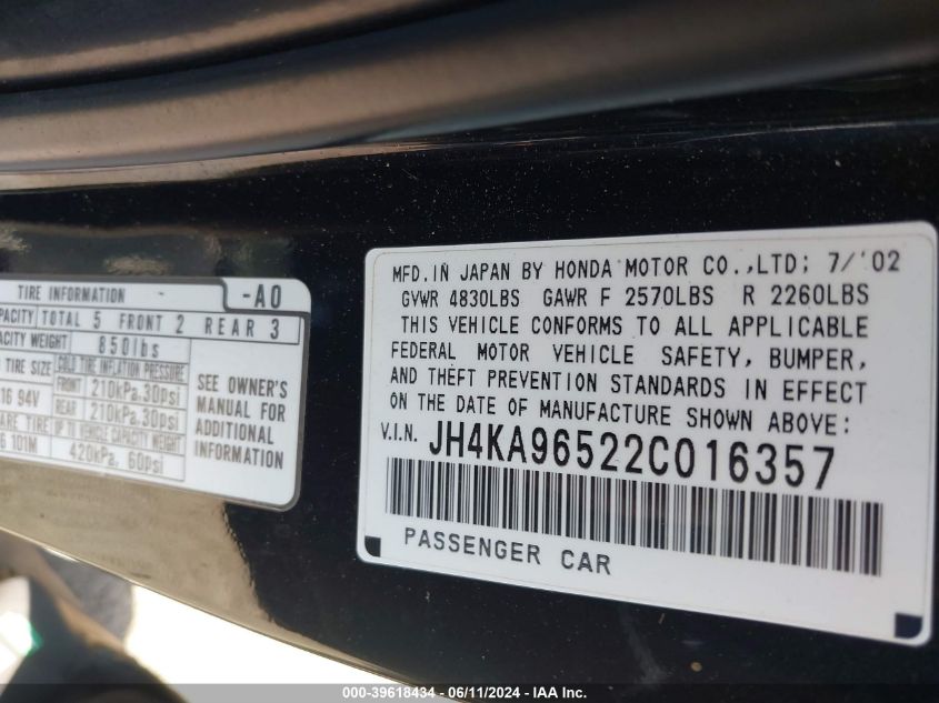 2002 Acura Rl 3.5 VIN: JH4KA96522C016357 Lot: 39618434