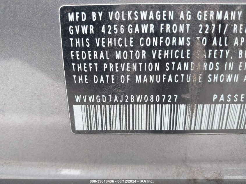 2011 Volkswagen Gti 4-Door VIN: WVWGD7AJ2BW080727 Lot: 39618436