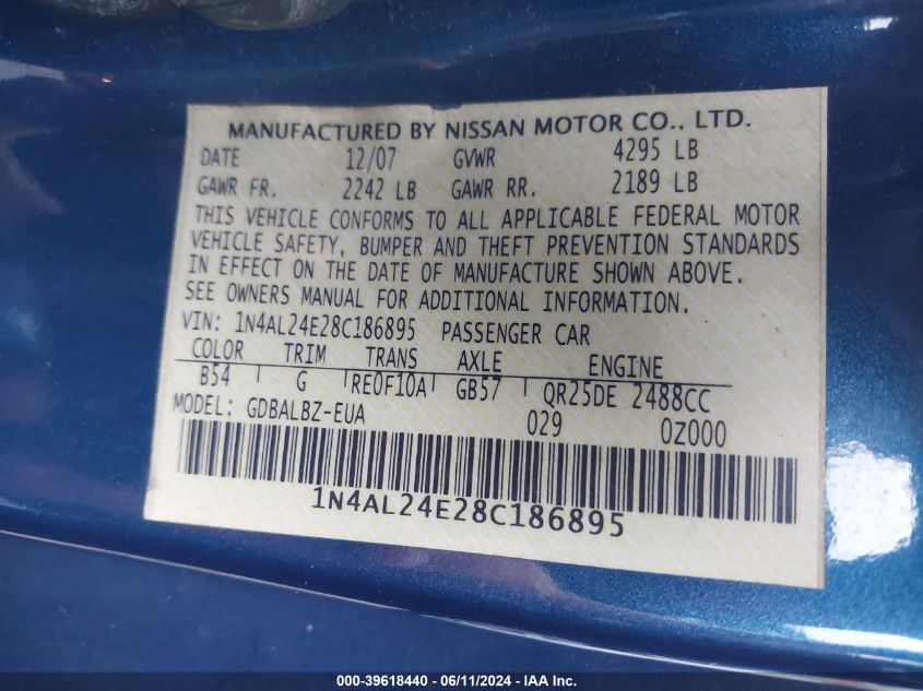 2008 Nissan Altima 2.5 S VIN: 1N4AL24E28C186895 Lot: 39618440