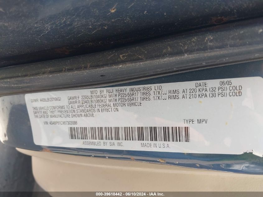 2006 Subaru Outback 2.5I VIN: 4S4BP61CX67303086 Lot: 39618442