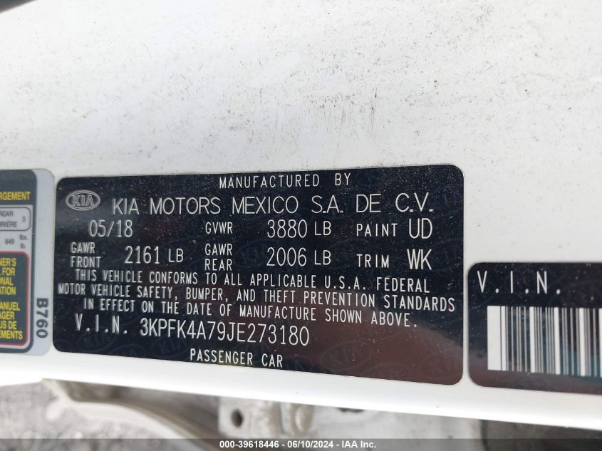 2018 Kia Forte Lx VIN: 3KPFK4A79JE273180 Lot: 39618446