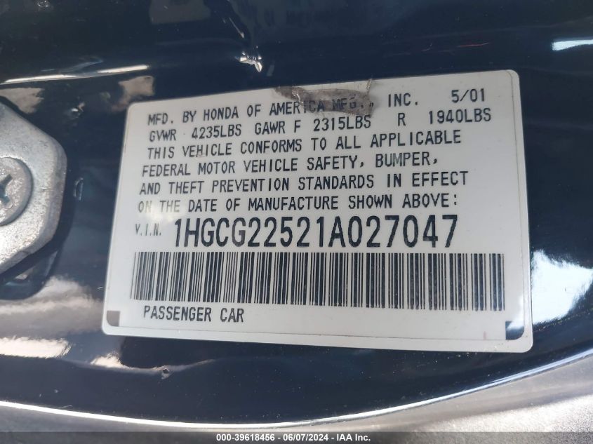 2001 Honda Accord 3.0 Ex VIN: 1HGCG22521A027047 Lot: 39618456
