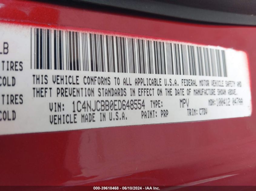 2014 Jeep Compass Sport VIN: 1C4NJCBB0ED648554 Lot: 39618468