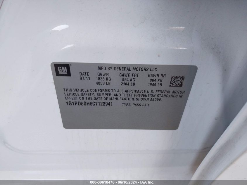 2012 Chevrolet Cruze Ls VIN: 1G1PD5SH6C7123941 Lot: 39618476