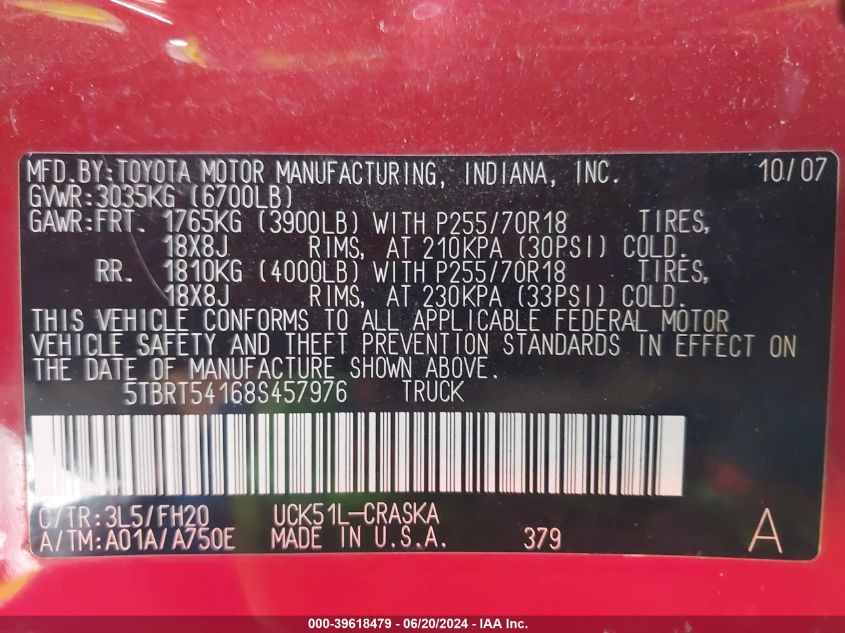 2008 Toyota Tundra Sr5 4.7L V8 VIN: 5TBRT54168S457976 Lot: 39618479